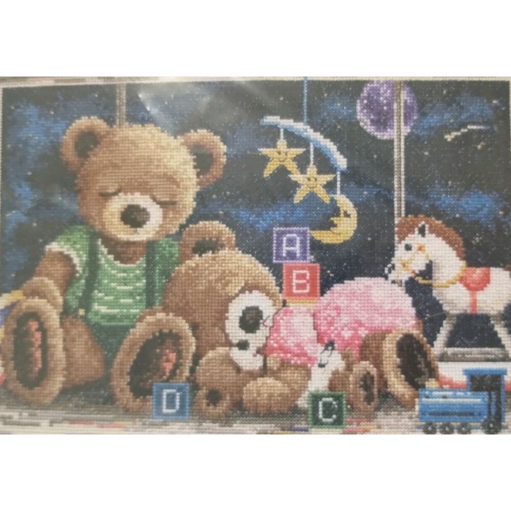 Janlynn Goodnight Bears Counted Cross Stitch 14x10 Blocks Train Star Moon Kit